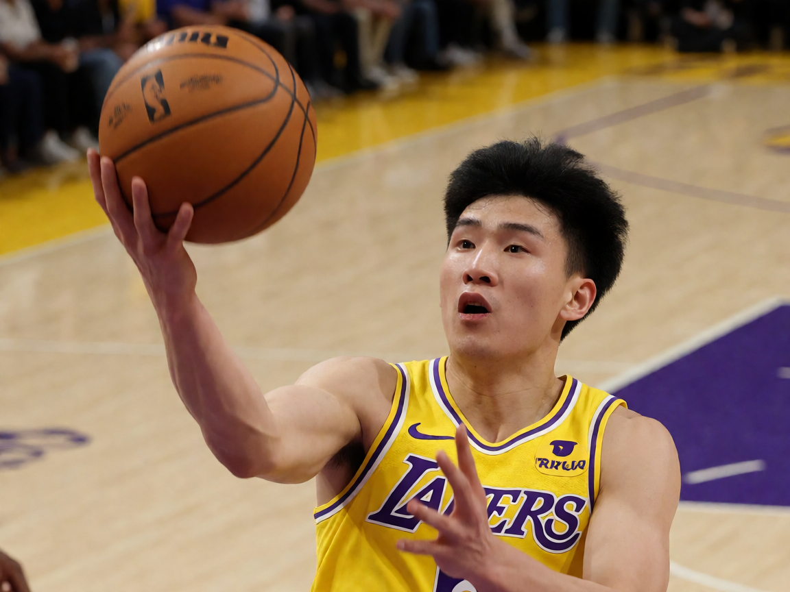 NBA常规赛湖人对阵勇士,比赛中球员突破上篮精彩瞬间